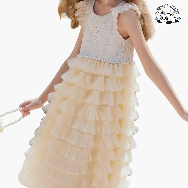 Melhor Novo Produto de 2024 Vestido de Bolo Tutu com Manga de Ruffle de Renda Últimos Desenhos de Vestido para Crianças