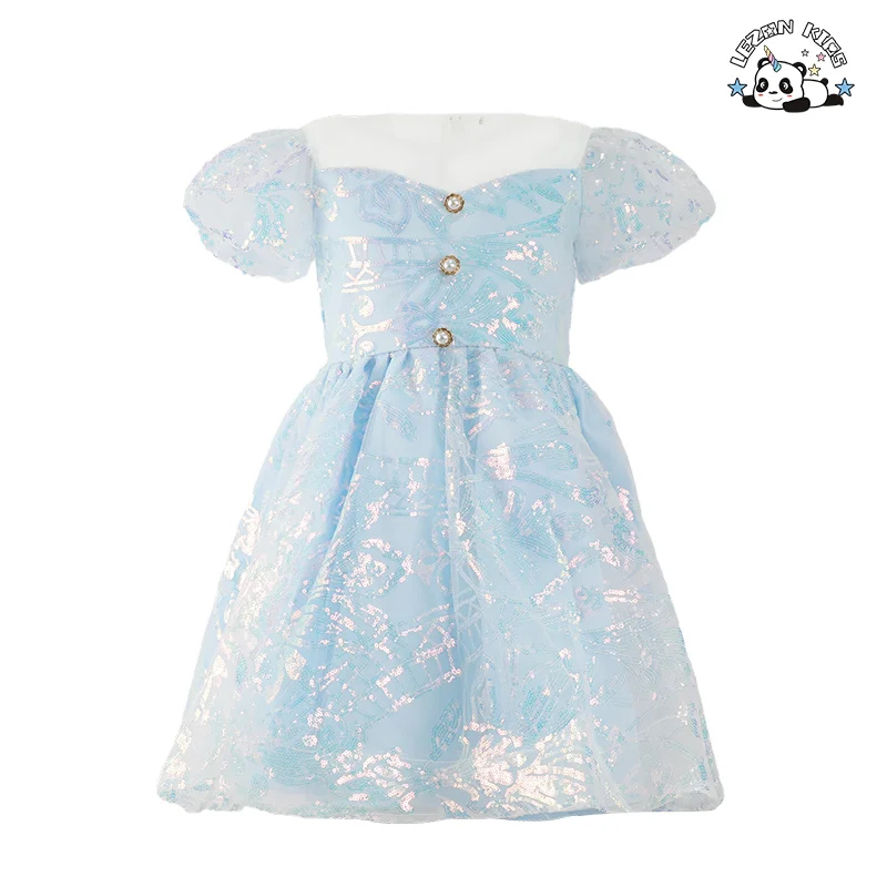 Blue Sequin Girl's Dress Printed Tulle Crystal Bow Decorations Casual O-Neck Princess Style Performance Kids Skirt