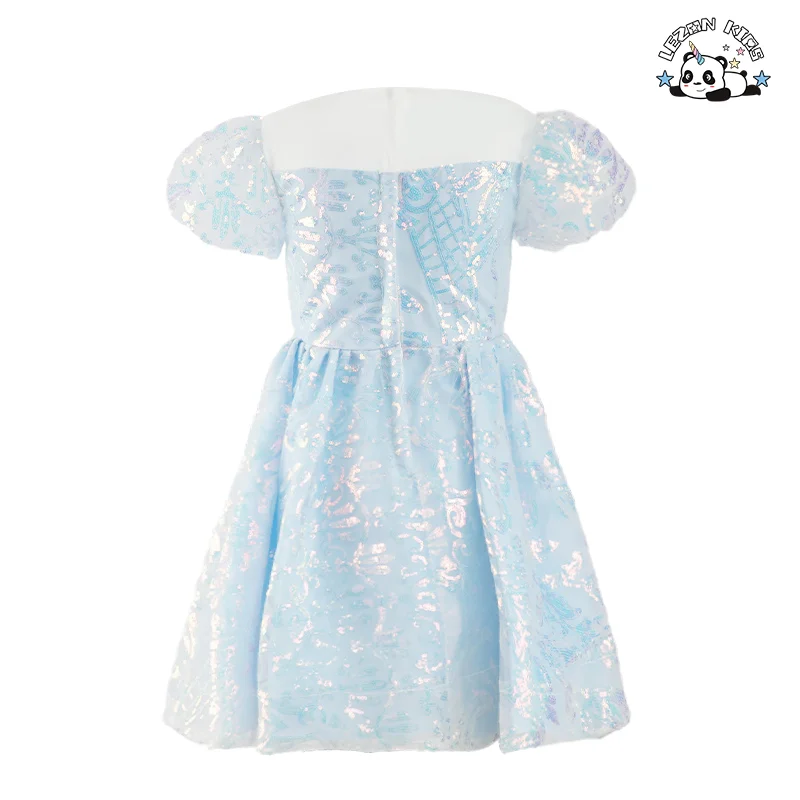 Blue Sequin Girl's Dress Printed Tulle Crystal Bow Decorations Casual O-Neck Princess Style Performance Kids Skirt - Product Image