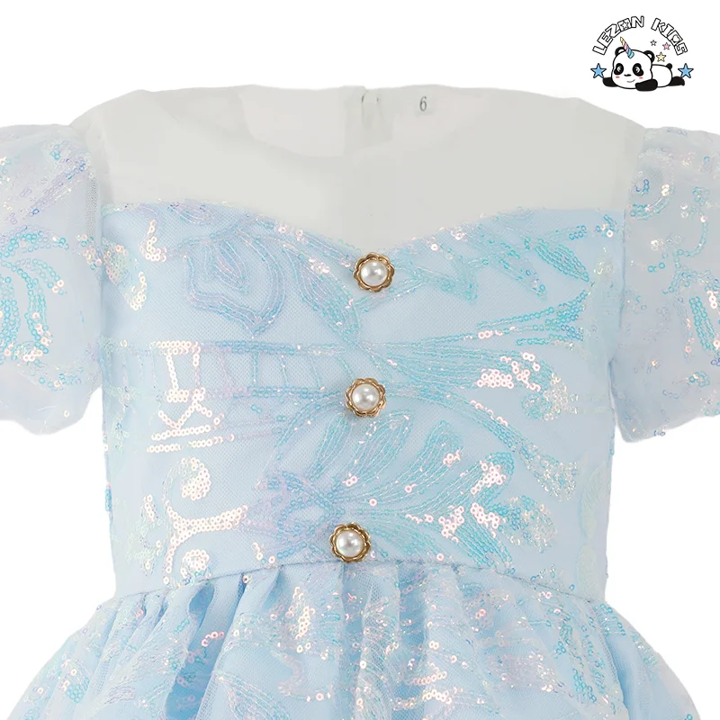 Blue Sequin Girl's Dress Printed Tulle Crystal Bow Decorations Casual O-Neck Princess Style Performance Kids Skirt - Product Image