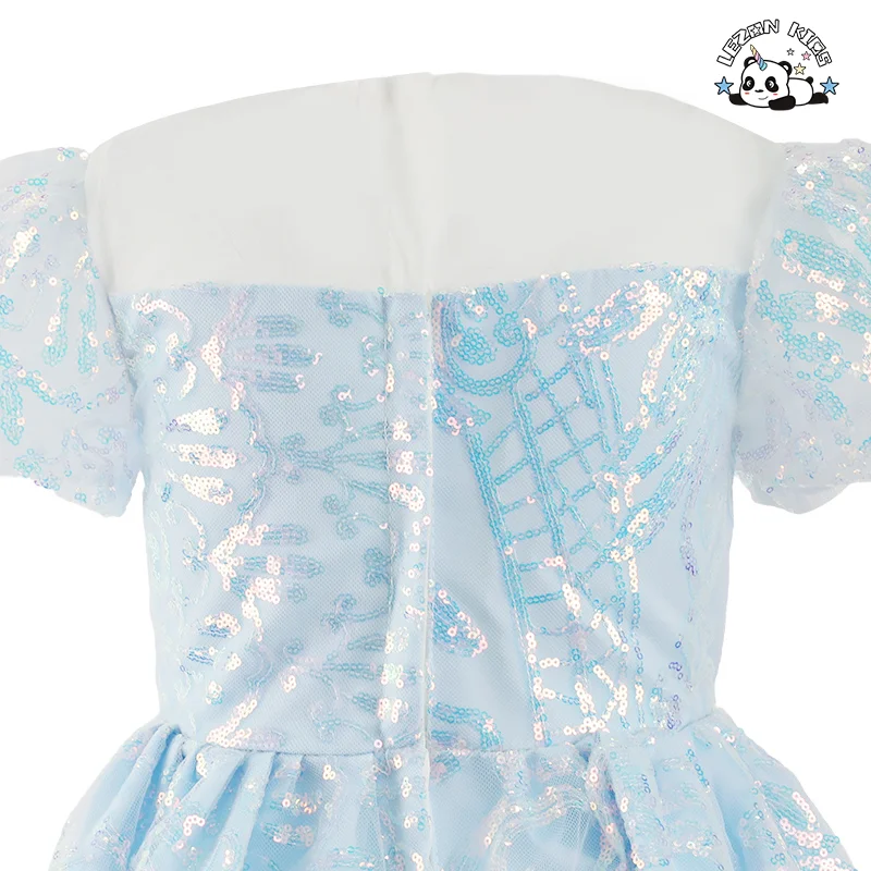 Blue Sequin Girl's Dress Printed Tulle Crystal Bow Decorations Casual O-Neck Princess Style Performance Kids Skirt - Product Image