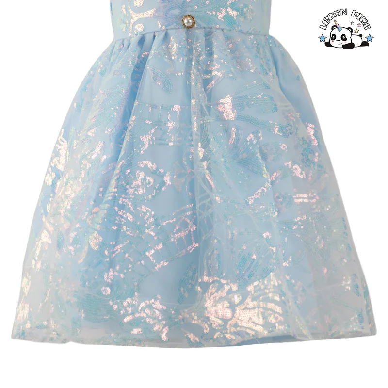 Blue Sequin Girl's Dress Printed Tulle Crystal Bow Decorations Casual O-Neck Princess Style Performance Kids Skirt - Product Image