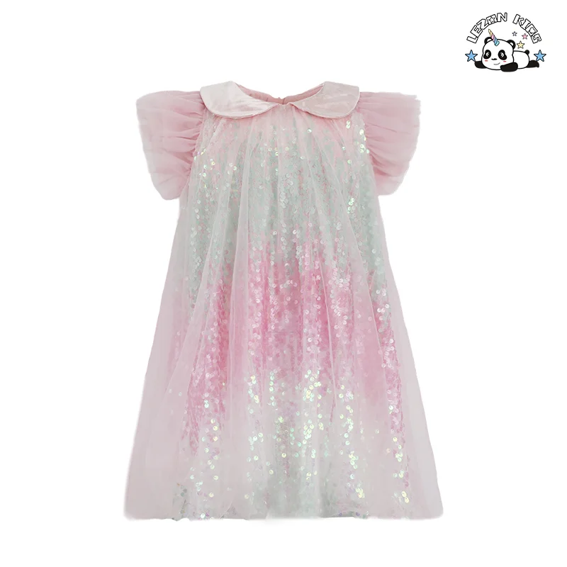 Boutique Casual Ruffle Sleeve Rainbow Kids Tulle Dresses Girls Sequin Dress for Summer