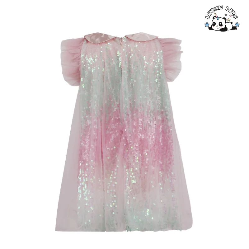 Boutique Casual Ruffle Sleeve Rainbow Kids Tulle Dresses Girls Sequin Dress for Summer - Product Image
