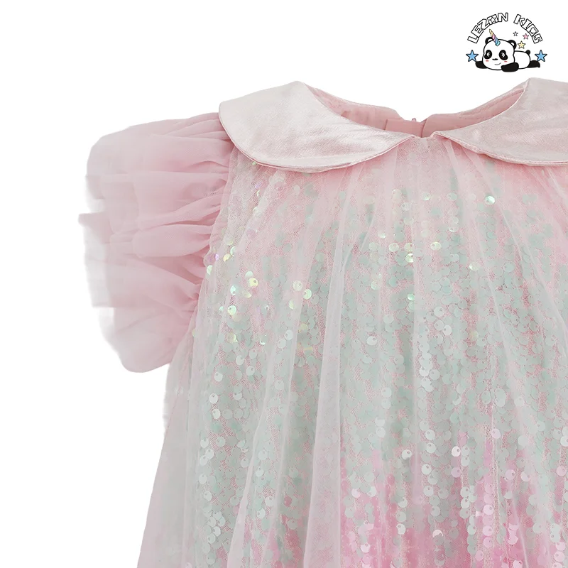 Boutique Casual Ruffle Sleeve Rainbow Kids Tulle Dresses Girls Sequin Dress for Summer - Product Image