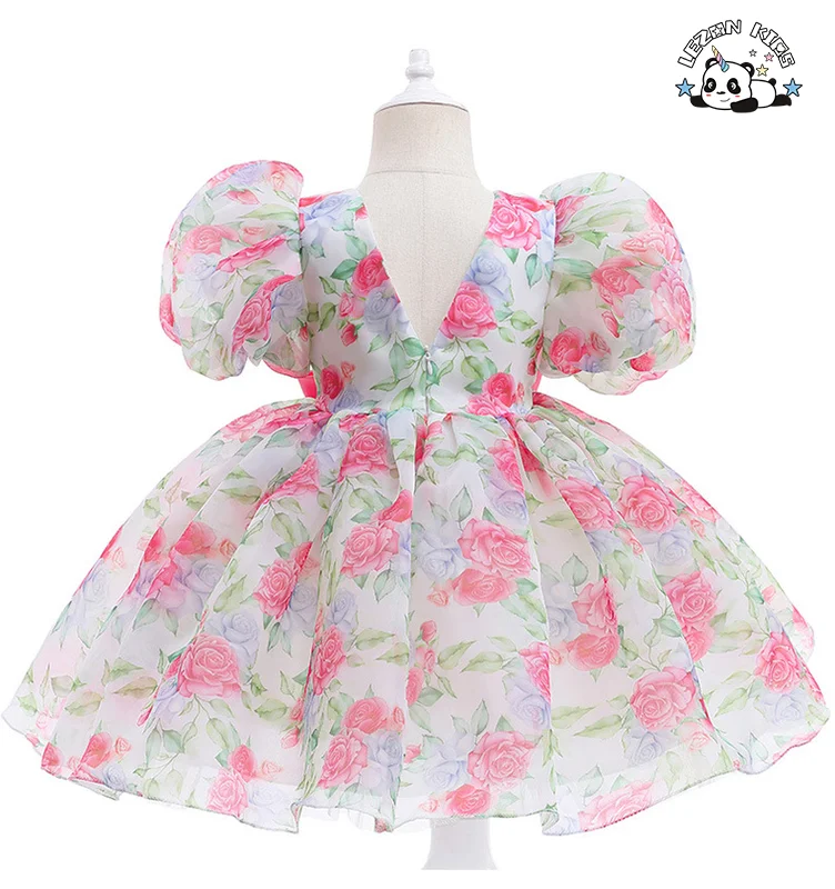 Vestido Floral Menina Gaze de Cores Sólidas com Mangas Balão Saia de Princesa Pompous - Product Image
