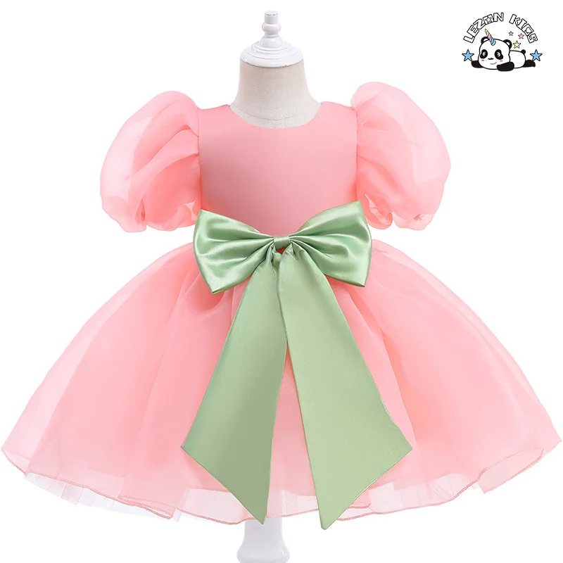 Vestido Floral Menina Gaze de Cores Sólidas com Mangas Balão Saia de Princesa Pompous - Product Image