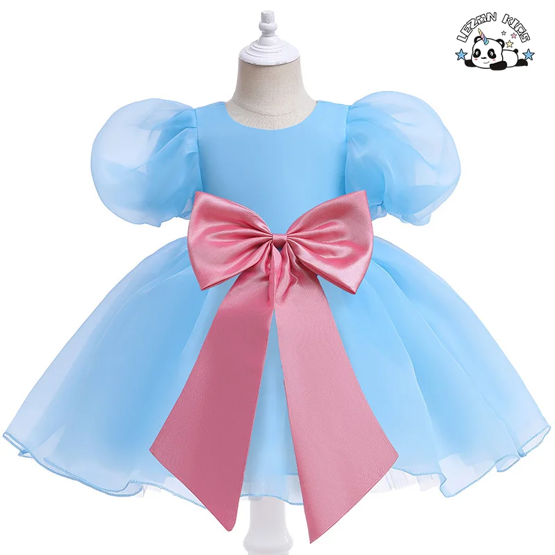 Vestido Floral Menina Gaze de Cores Sólidas com Mangas Balão Saia de Princesa Pompous - Product Image