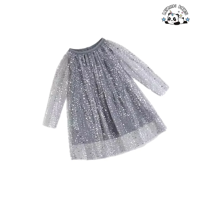 Child Clothes Dress Printed Silver Stars Long Sleeves Soft Tutu Grey 2-12 Years Girls' Dress