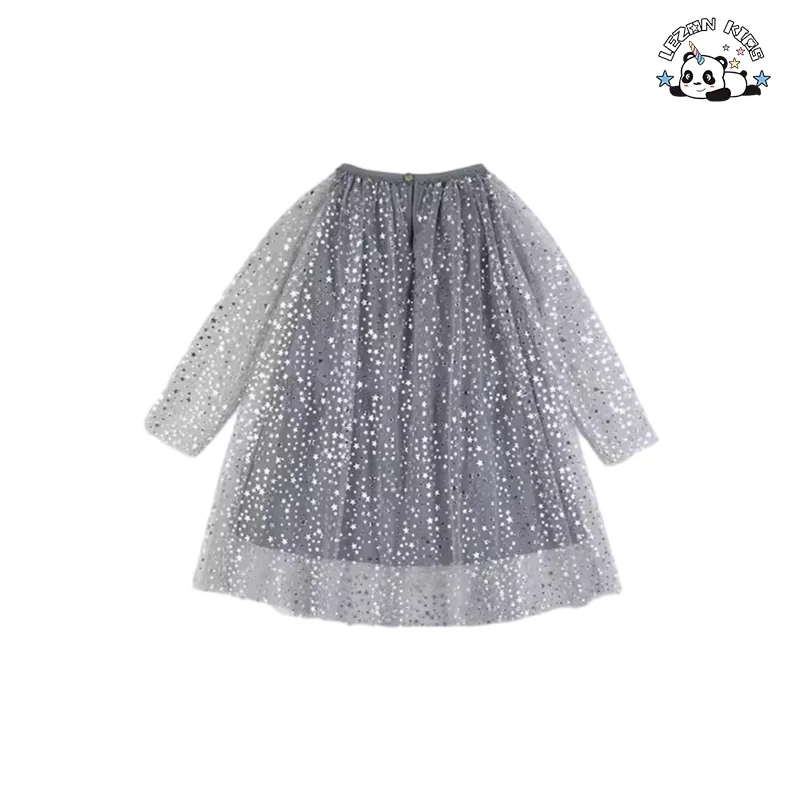 Child Clothes Dress Printed Silver Stars Long Sleeves Soft Tutu Grey 2-12 Years Girls' Dress - Product Image