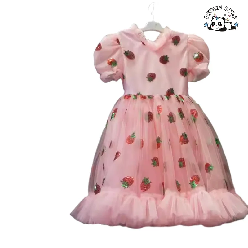 Roupas infantis para meninas Vestido de lantejoulas de morango Manga bufante Vestido infantil de tule rosa 2020