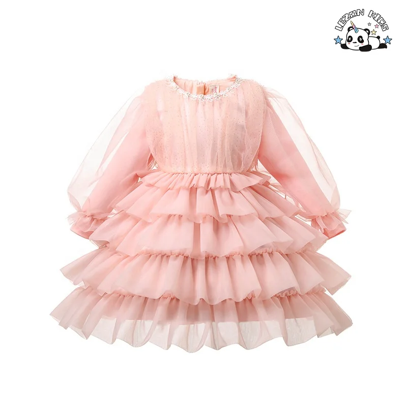 Roupas infantis Vestido de malha rosa para meninas Mangas compridas Vestidos Bolo Vestido para crianças de 2 a 12 anos