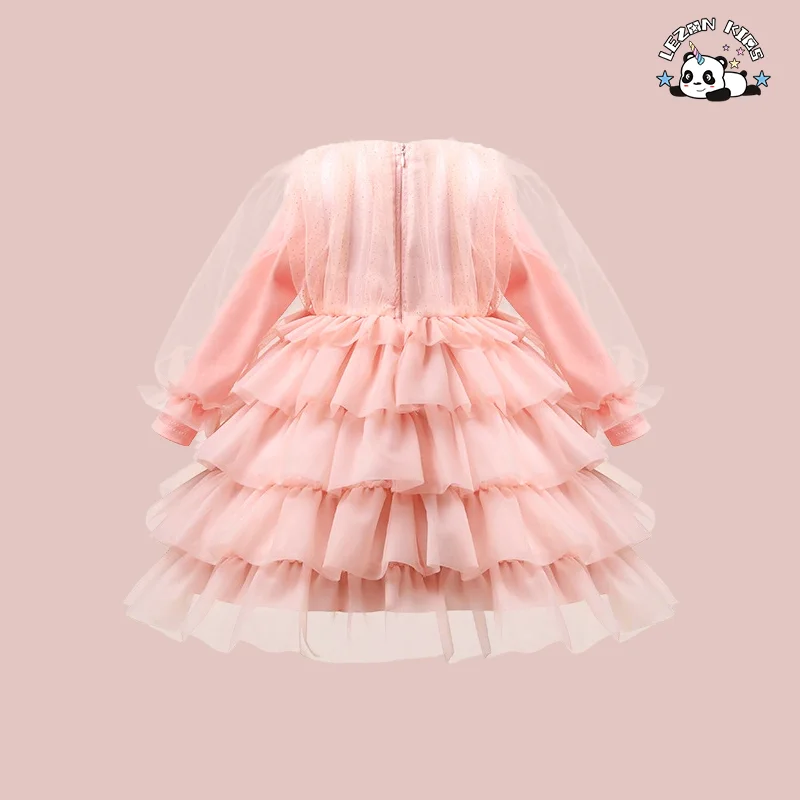 Roupas infantis Vestido de malha rosa para meninas Mangas compridas Vestidos Bolo Vestido para crianças de 2 a 12 anos - Product Image
