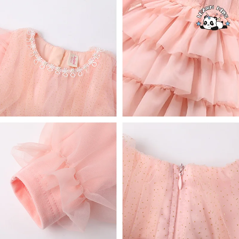 Roupas infantis Vestido de malha rosa para meninas Mangas compridas Vestidos Bolo Vestido para crianças de 2 a 12 anos - Product Image