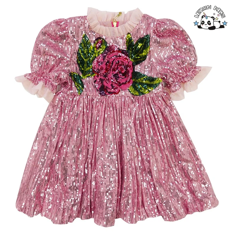 Children Clothing Sparkle Rose Flowers Puff Sleeves Sequin Party Gown Dress for Kids
