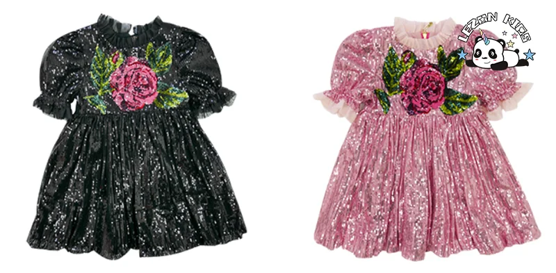 Children Clothing Sparkle Rose Flowers Puff Sleeves Sequin Party Gown Dress for Kids - Product Image