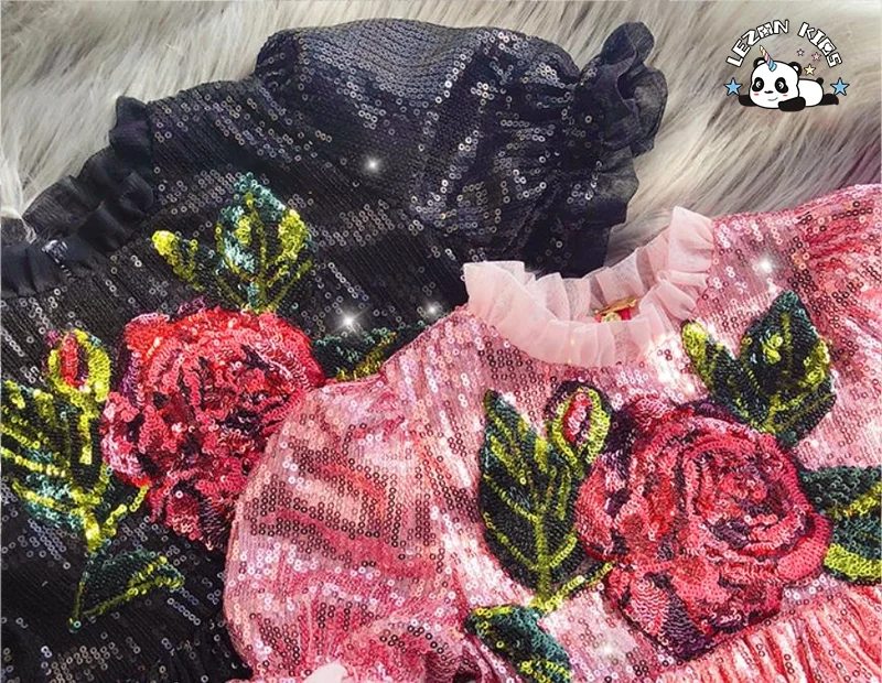 Children Clothing Sparkle Rose Flowers Puff Sleeves Sequin Party Gown Dress for Kids - Product Image
