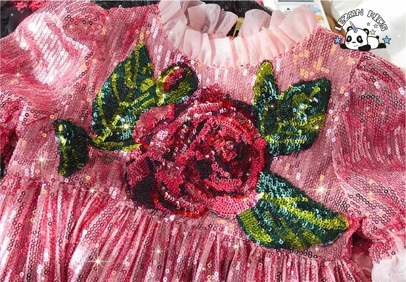 Children Clothing Sparkle Rose Flowers Puff Sleeves Sequin Party Gown Dress for Kids - Product Image