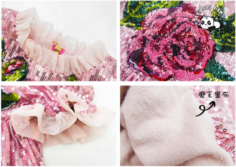 Children Clothing Sparkle Rose Flowers Puff Sleeves Sequin Party Gown Dress for Kids - Product Image