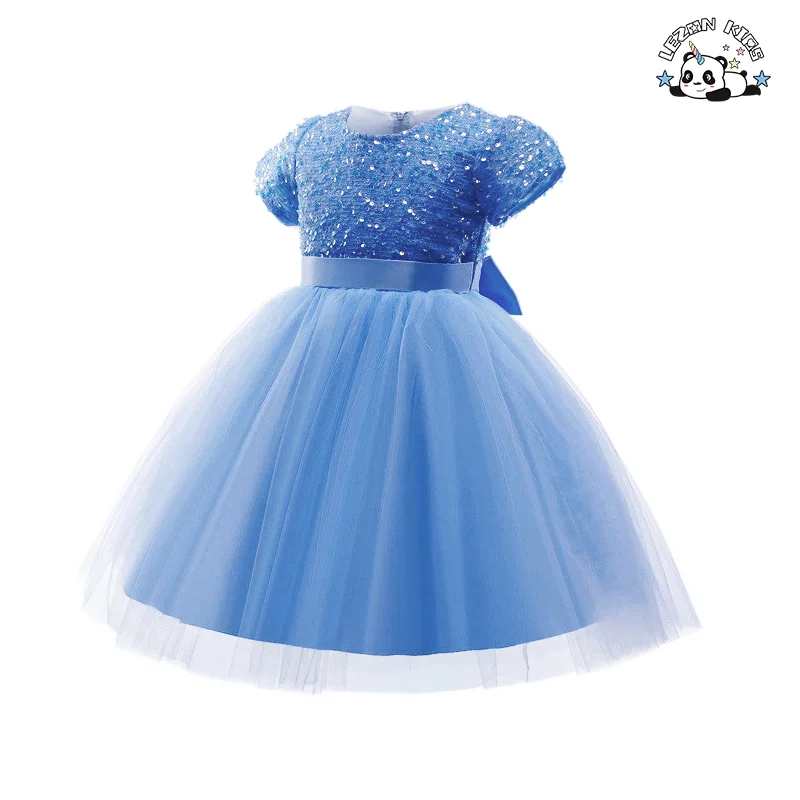 Children's Party Wedding Costume Summer Sequins Puff Sleeve Ball Gown Birthday Party Flower Girl Princess Dress - Product Image