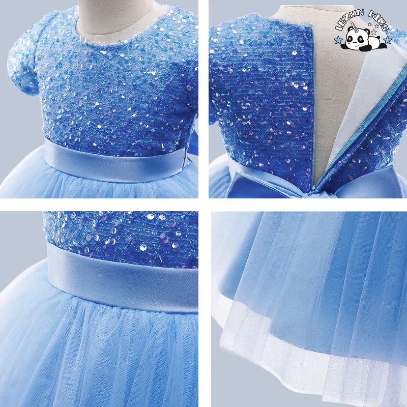 Children's Party Wedding Costume Summer Sequins Puff Sleeve Ball Gown Birthday Party Flower Girl Princess Dress - Product Image