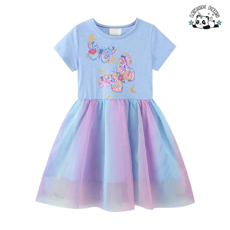 Color Customization  Girls Short Sleeves Dress Unicorn Birthday Rainbow Girl Tulle Dress