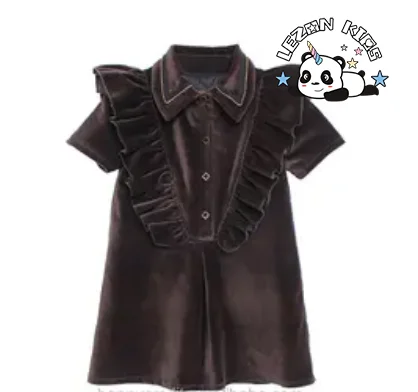 Custom A-line Princess Ruffle Short Sleeves Brown Silk Velvet Dress Shirt for Girls