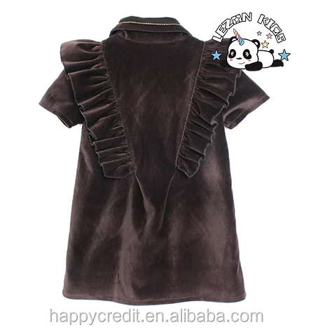 Custom A-line Princess Ruffle Short Sleeves Brown Silk Velvet Dress Shirt for Girls - Product Image