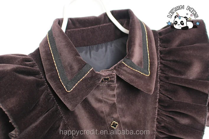 Custom A-line Princess Ruffle Short Sleeves Brown Silk Velvet Dress Shirt for Girls - Product Image