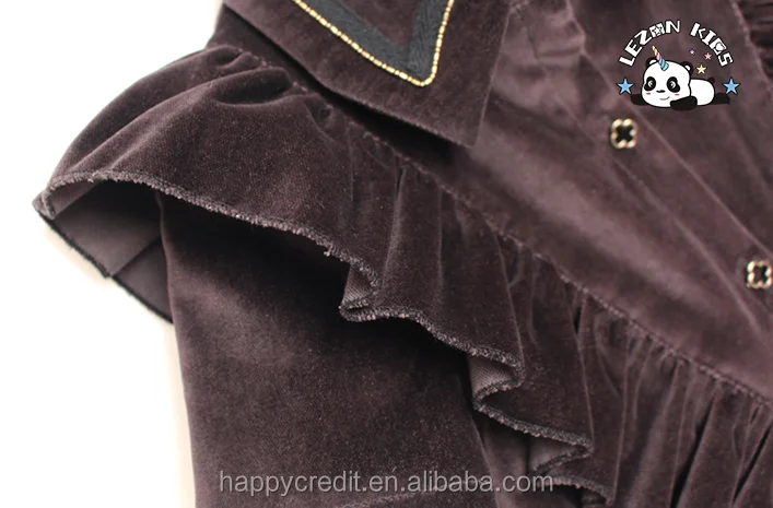Custom A-line Princess Ruffle Short Sleeves Brown Silk Velvet Dress Shirt for Girls - Product Image