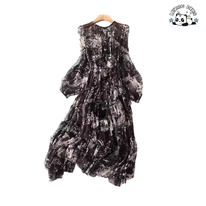 Custom Autumn Girl Dress Floral Printed Imitation Silk Splice Irregular Beach Long Dresses