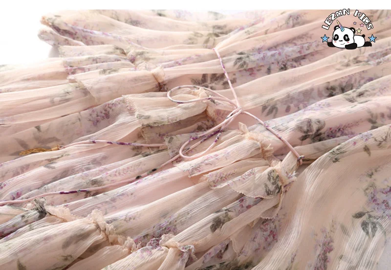 Custom Autumn Girl Dress Floral Printed Imitation Silk Splice Irregular Beach Long Dresses - Product Image
