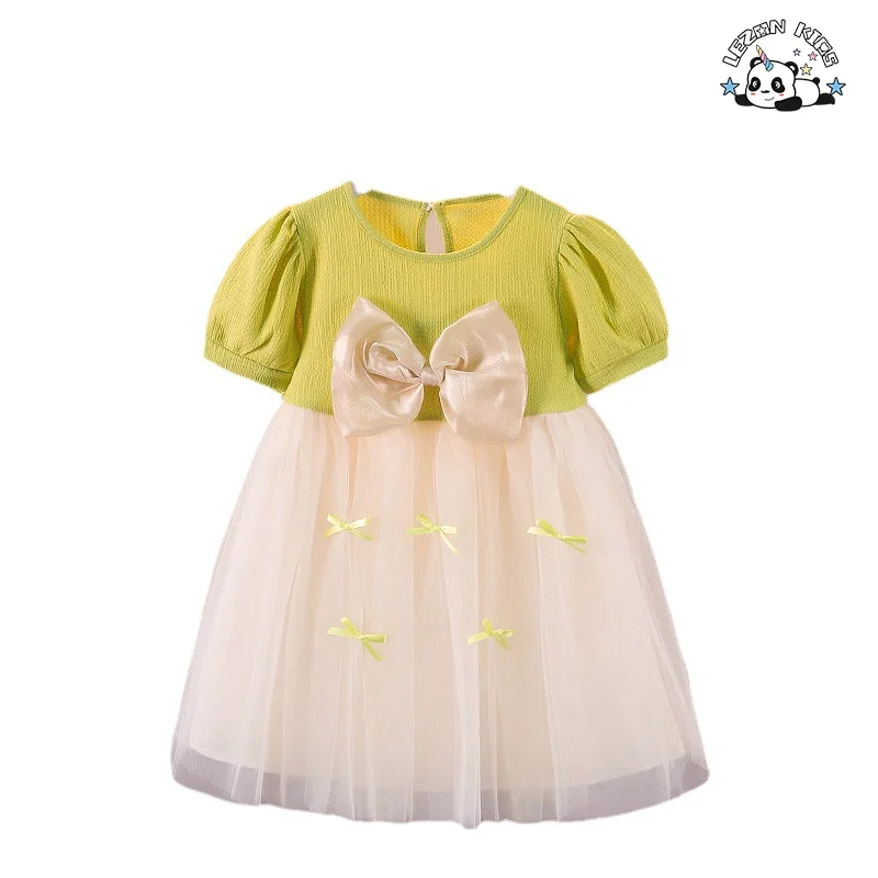 Custom Bow Waistband Puff Sleeve Breathable Summer Tulle Boutique Dress Toddlers Girls' Casual Formal Sweet Long Party Dress