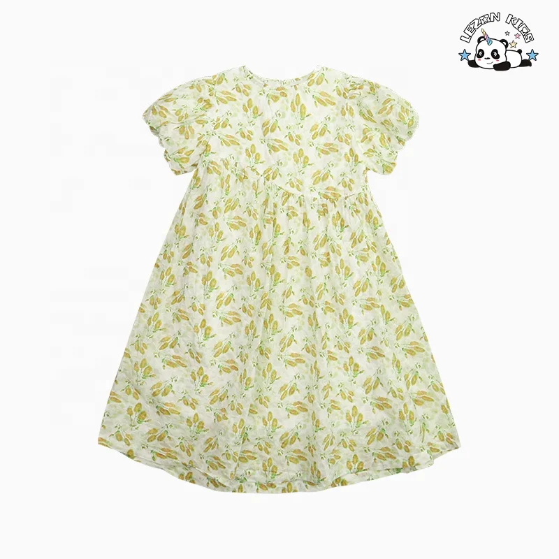 Custom Children's Dress Fresh Fragmented Girls Floral Printed Bubble Sleeve Cotton girls Dress for daily wear