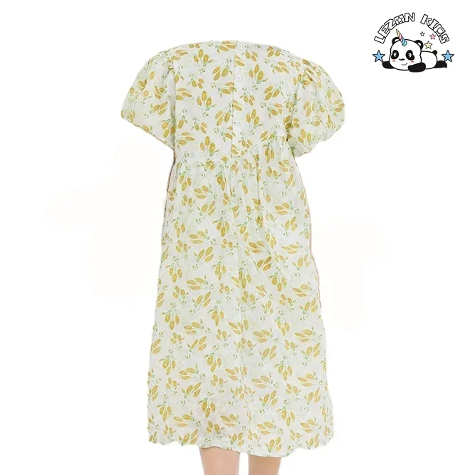 Custom Children's Dress Fresh Fragmented Girls Floral Printed Bubble Sleeve Cotton girls Dress for daily wear - Product Image
