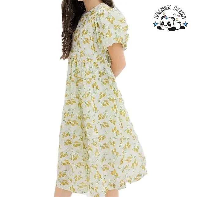 Custom Children's Dress Fresh Fragmented Girls Floral Printed Bubble Sleeve Cotton girls Dress for daily wear - Product Image