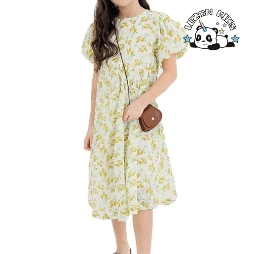 Custom Children's Dress Fresh Fragmented Girls Floral Printed Bubble Sleeve Cotton girls Dress for daily wear - Product Image