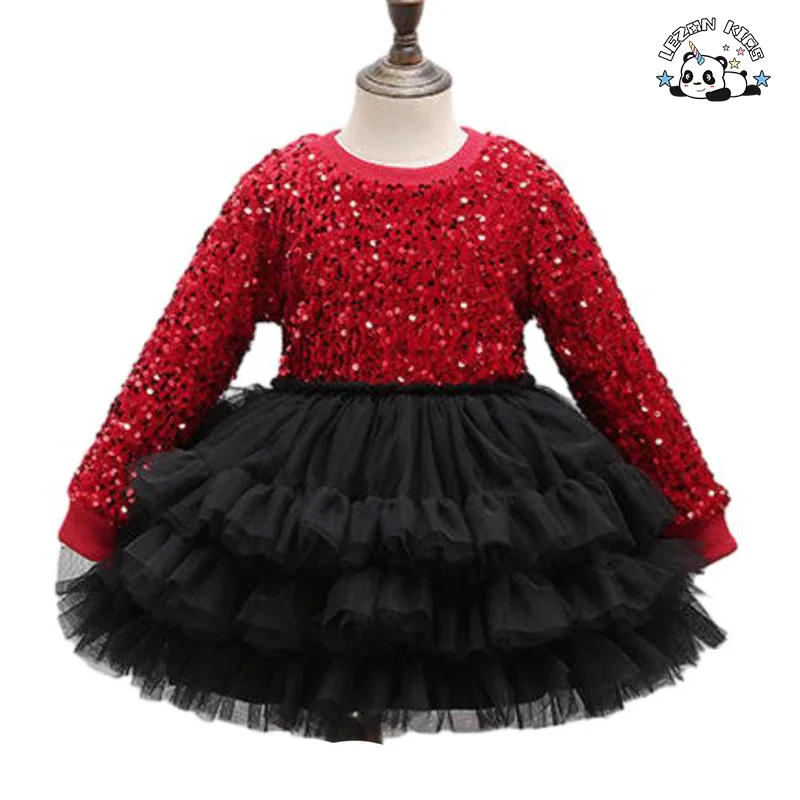 Custom Comfortable Long Sleeve Red Velvet Girl Princess Dress Sequin Tulle Dress for Girls
