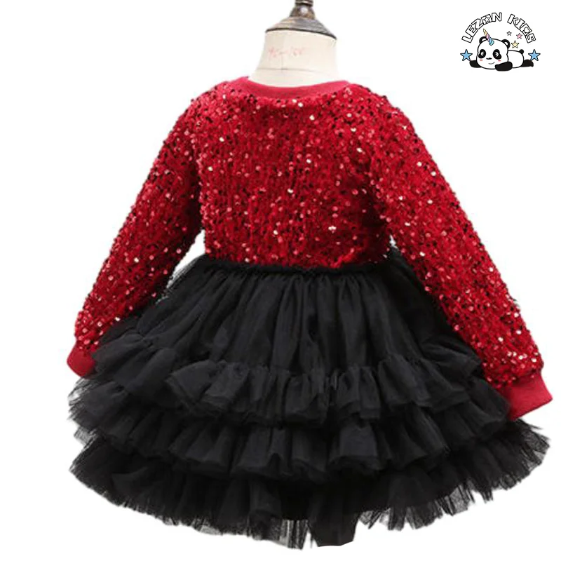 Custom Comfortable Long Sleeve Red Velvet Girl Princess Dress Sequin Tulle Dress for Girls - Product Image