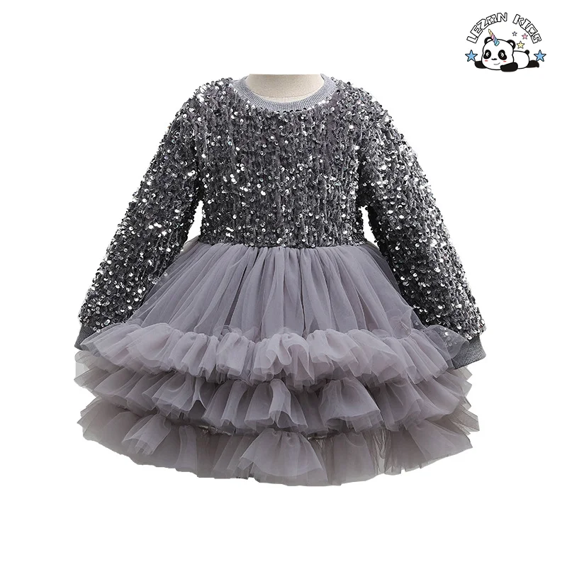 Custom Comfortable Long Sleeve Red Velvet Girl Princess Dress Sequin Tulle Dress for Girls - Product Image