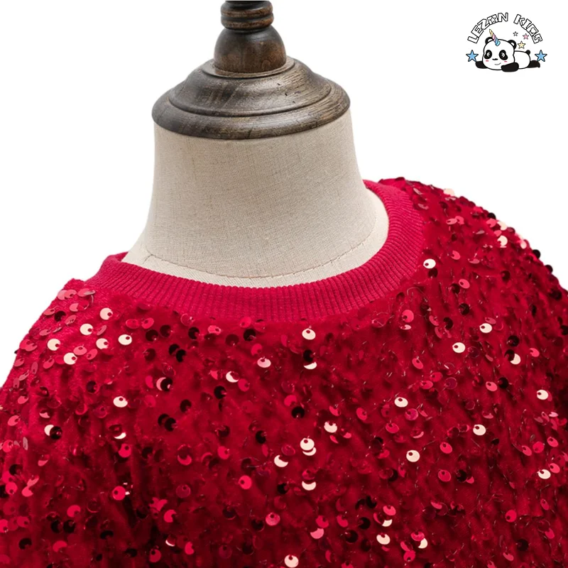 Custom Comfortable Long Sleeve Red Velvet Girl Princess Dress Sequin Tulle Dress for Girls - Product Image