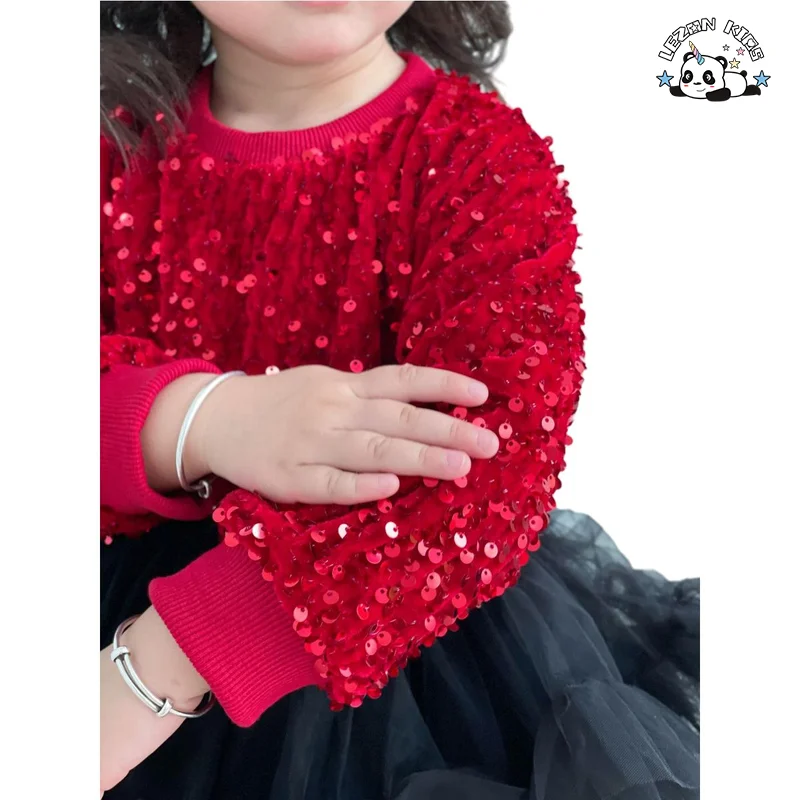 Custom Comfortable Long Sleeve Red Velvet Girl Princess Dress Sequin Tulle Dress for Girls - Product Image