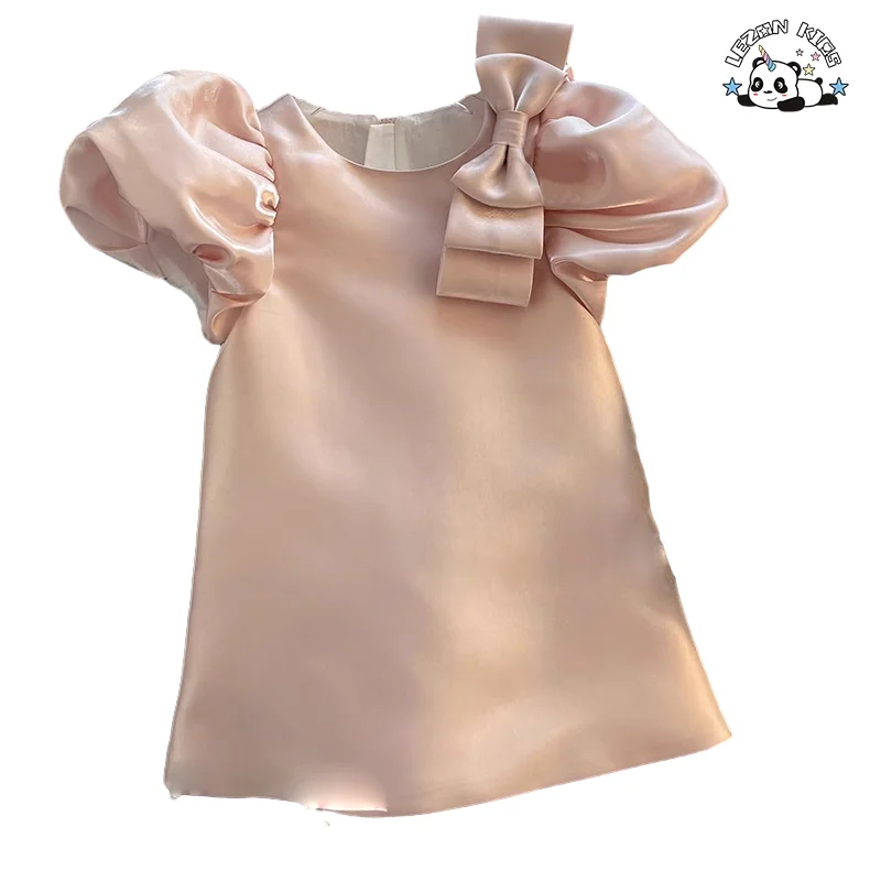 Custom Design Satin a Line Party Dress Elegant  Shortsleeve Fashion Girls Dress for 2-8T