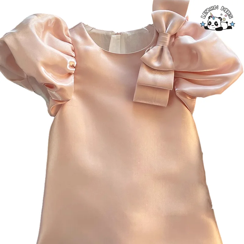 Custom Design Satin a Line Party Dress Elegant Shortsleeve Fashion Girls Dress for 2-8T - Product Image