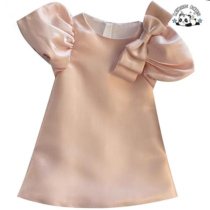 Custom Design Satin a Line Party Dress Elegant Shortsleeve Fashion Girls Dress for 2-8T - Product Image