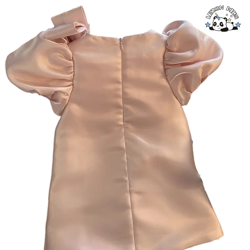Custom Design Satin a Line Party Dress Elegant Shortsleeve Fashion Girls Dress for 2-8T - Product Image