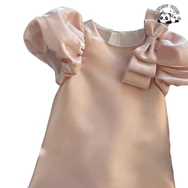 Custom Design Satin a Line Party Dress Elegant Shortsleeve Fashion Girls Dress for 2-8T - Product Image