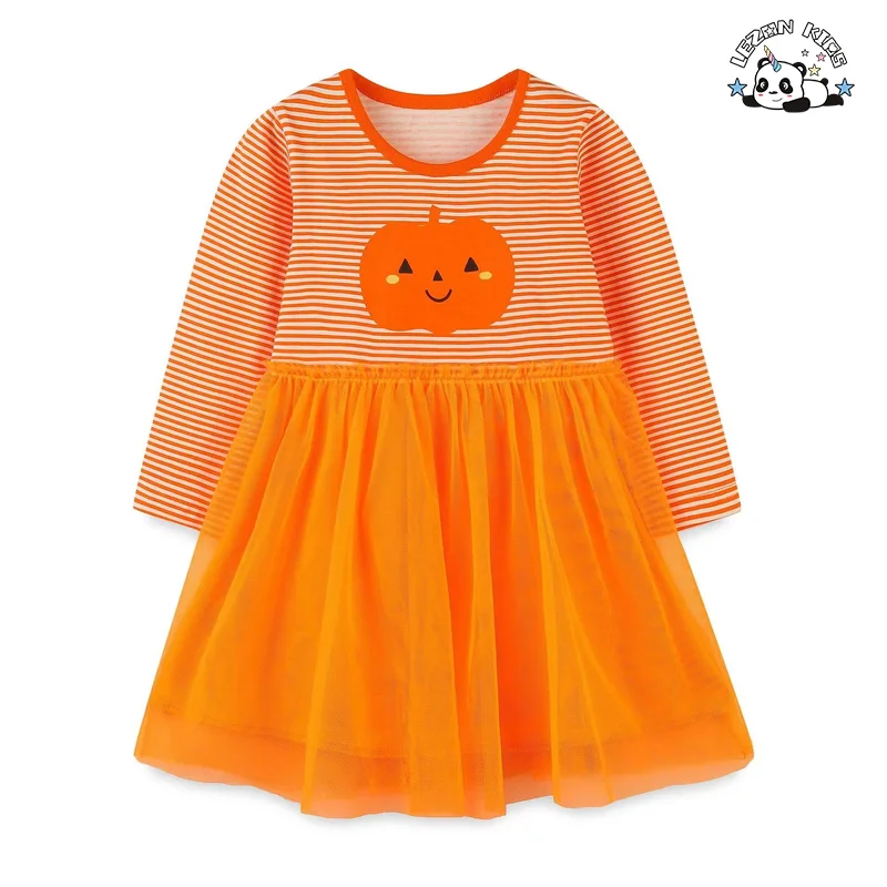 Custom Designs Orange Pumpkin Long Sleeves Kids Summer Tulle Dress for 4 to 12T Children