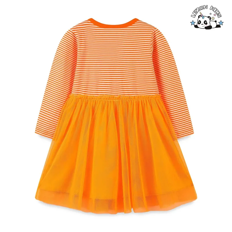 Custom Designs Orange Pumpkin Long Sleeves Kids Summer Tulle Dress for 4 to 12T Children - Product Image