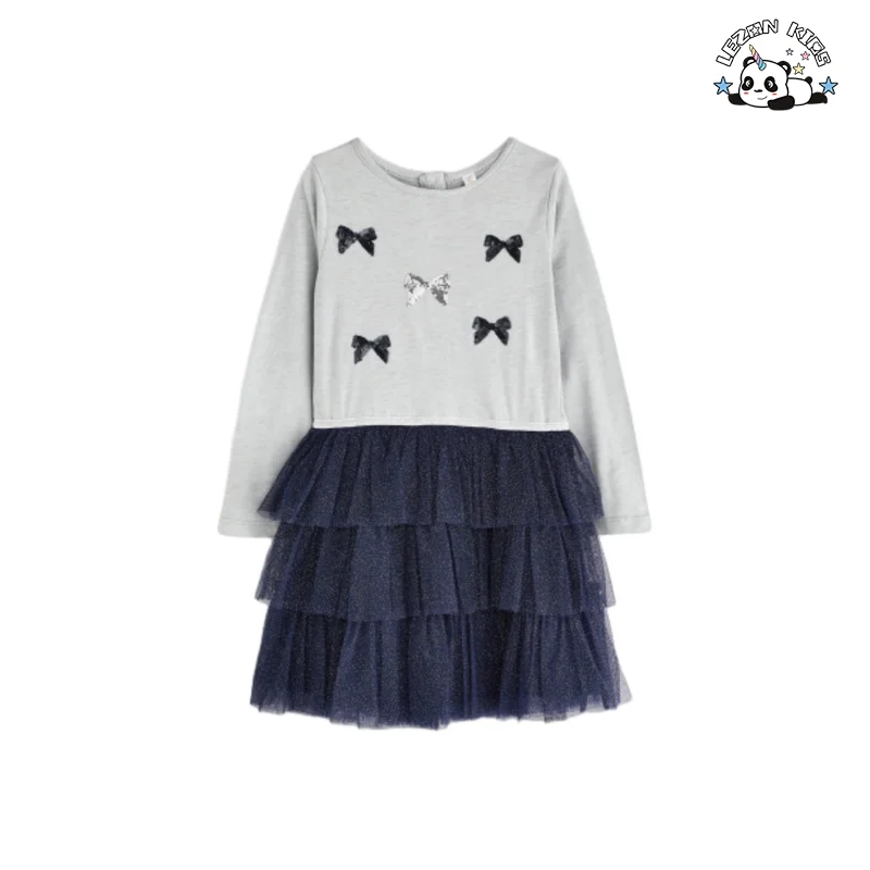 Custom Designs Sequin Embroidery Bow Bowknot Long Sleeves Tulle Dress Girls Dress